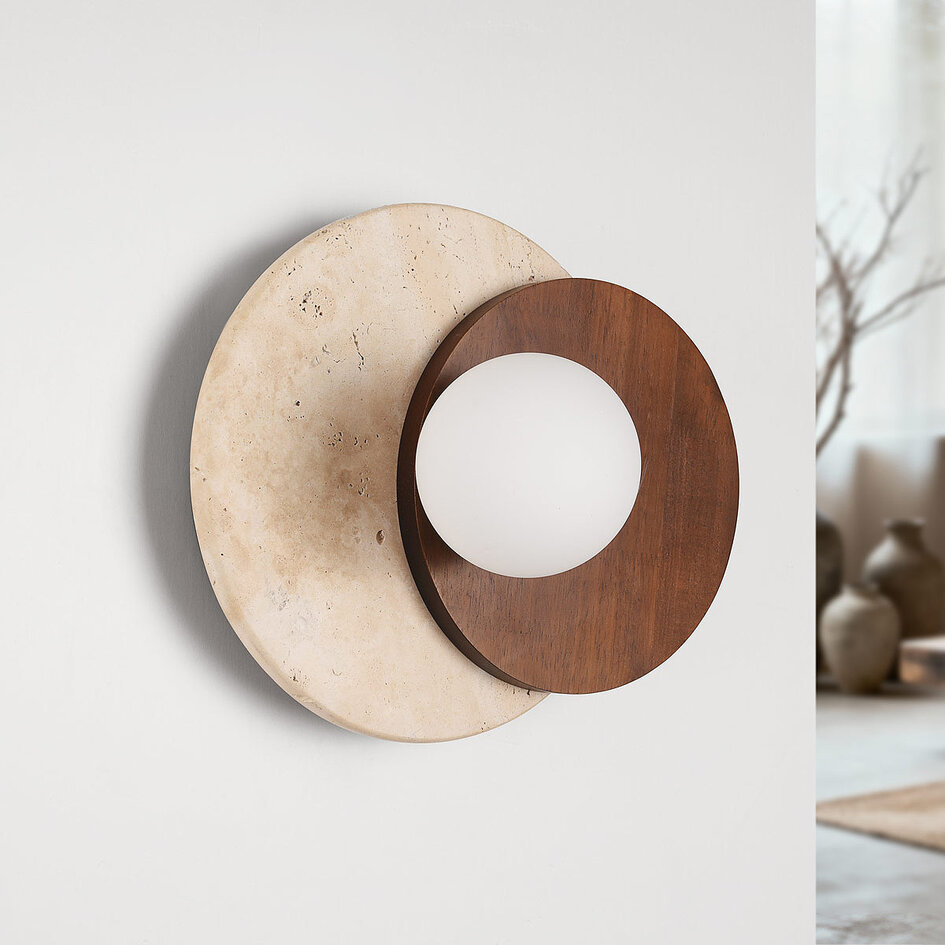 Moderne wandlamp Yacif van travertin (natuursteen) en hout