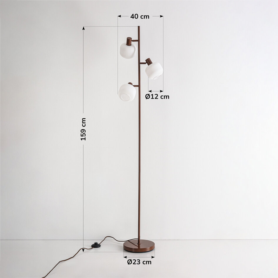 Staande lamp Jesse bruin met melkwit glas, 3-lichts