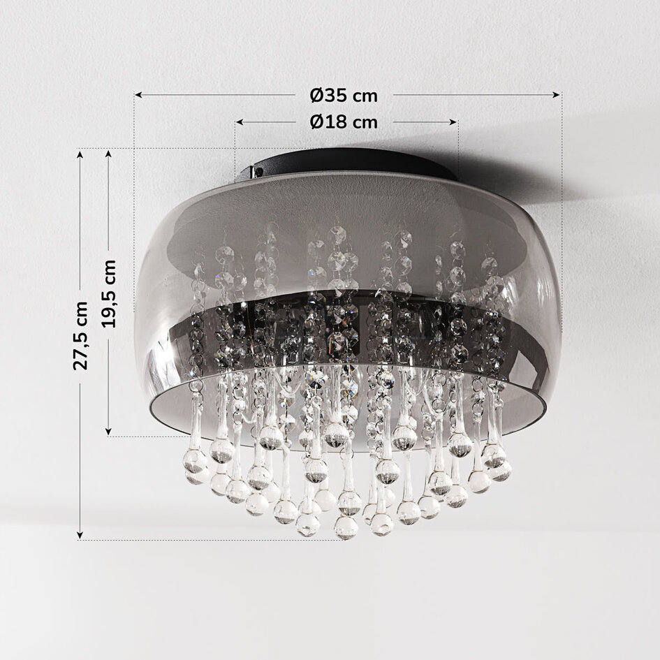 Plafondlamp Zafira met smoke glas en kristalaccenten
