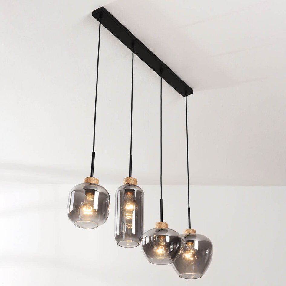 Moderne hanglamp Astra met smoke glas en touw accenten - 4-lichts