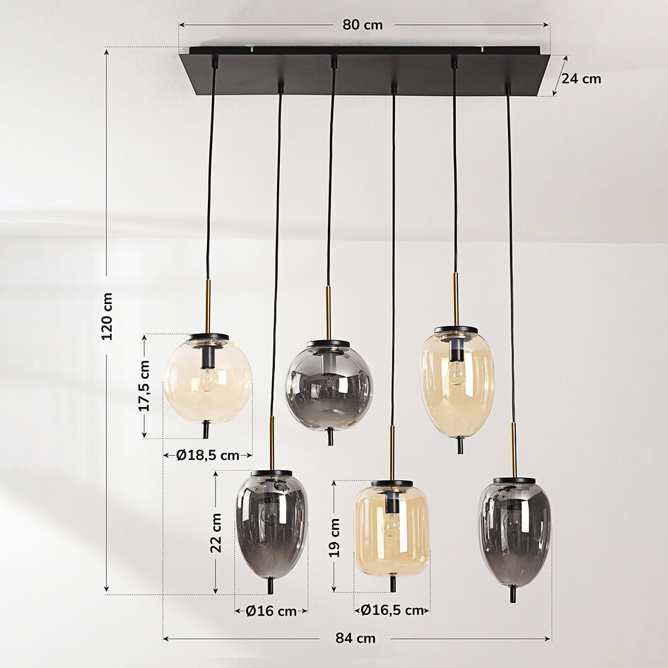6-lichts hanglamp Phora met smoke- en licht amber glas en gouden accenten