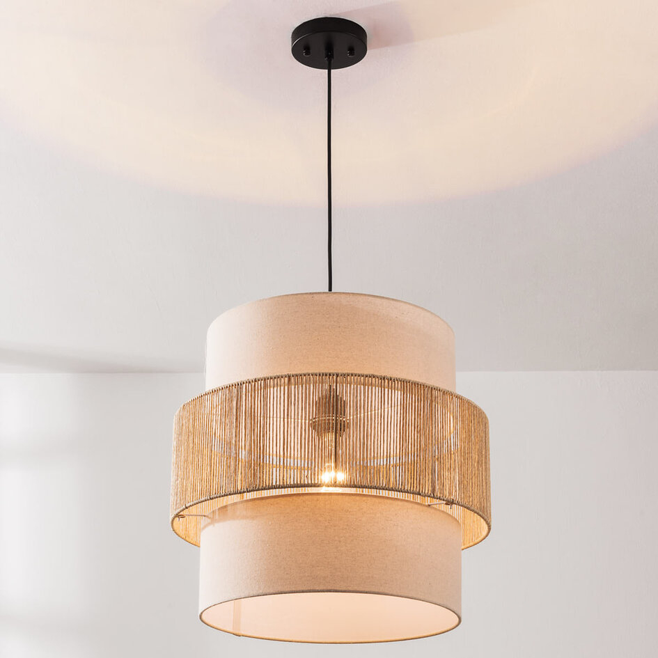 Boho hanglamp Nyra - beige textiel met gevlochten koord