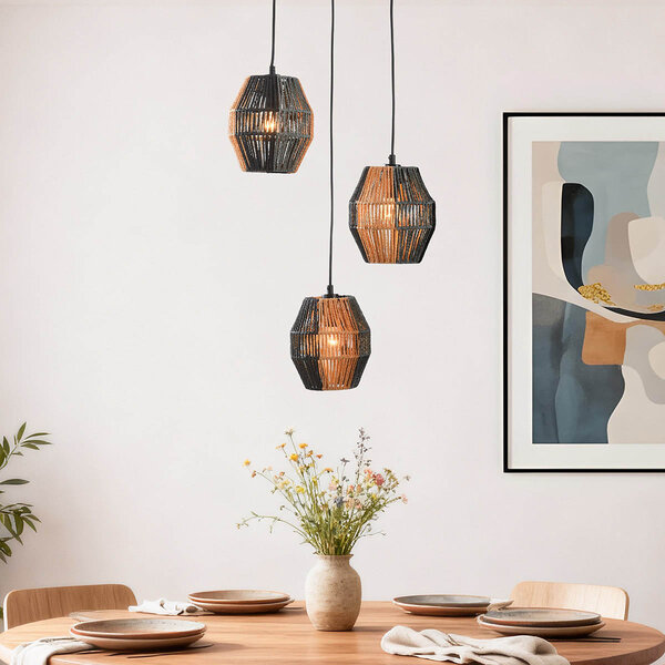 Hanglamp Lumra van touw in zwart en naturel – 3-lichts