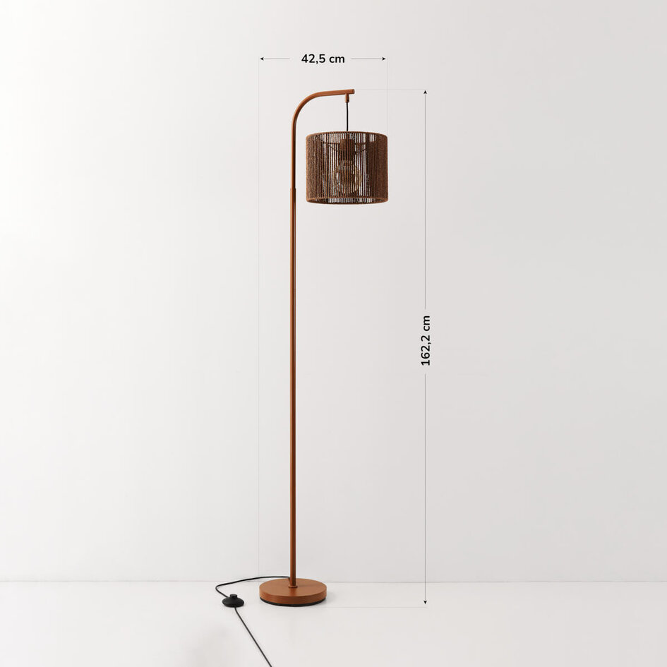 Staande booglamp Reed met warmbruin gevlochten kap – 160 cm