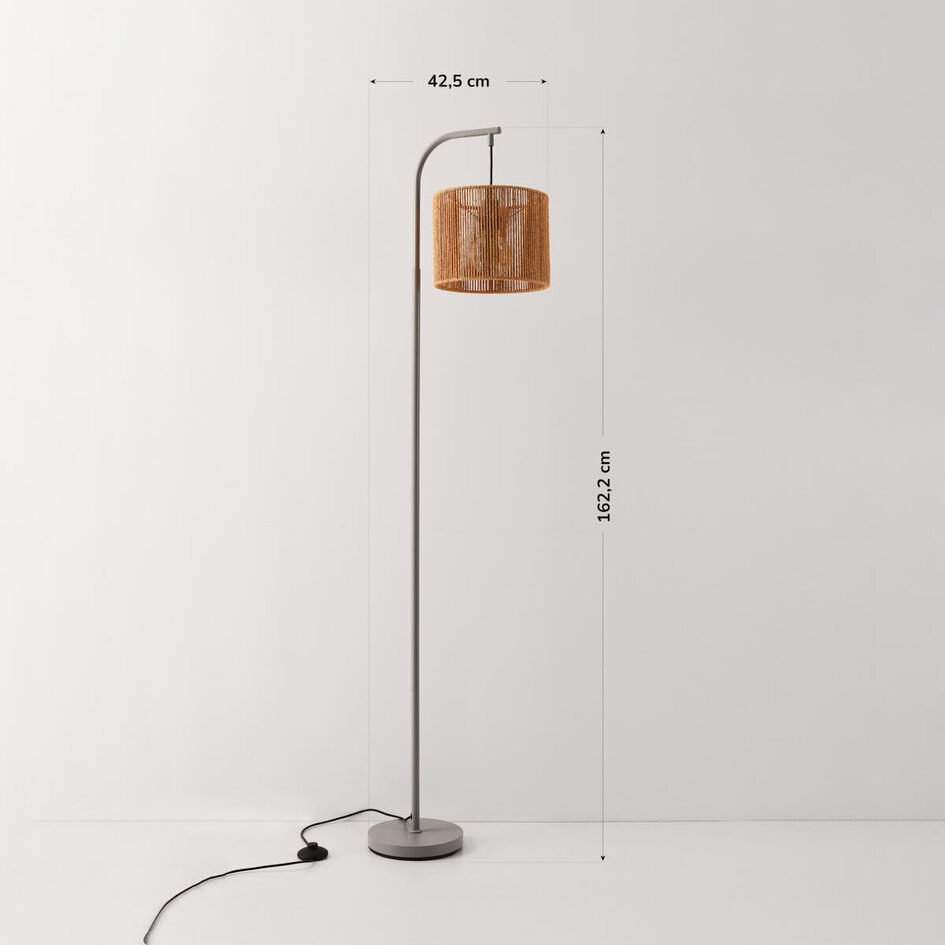 Staande booglamp Reed grijs met natuurlijke papieren kap – 160 cm