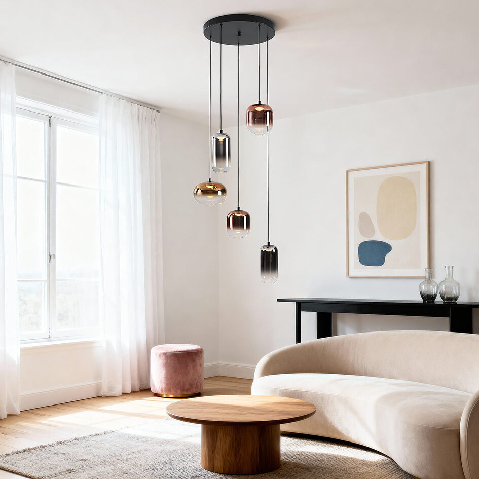 3-staps dimbare hanglamp Kafei met LED en glazen kappen in goud, smoke en koper