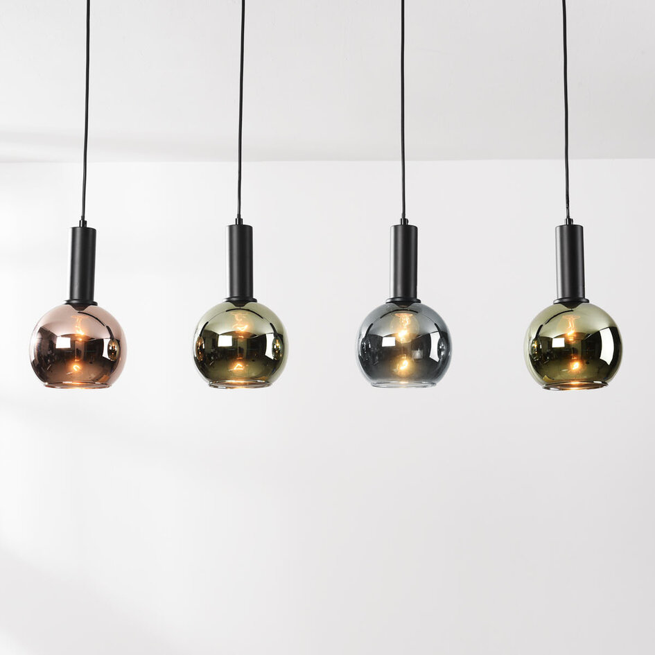 4-lichts hanglamp Imke - grijsblauw smoke, groen en koperglas