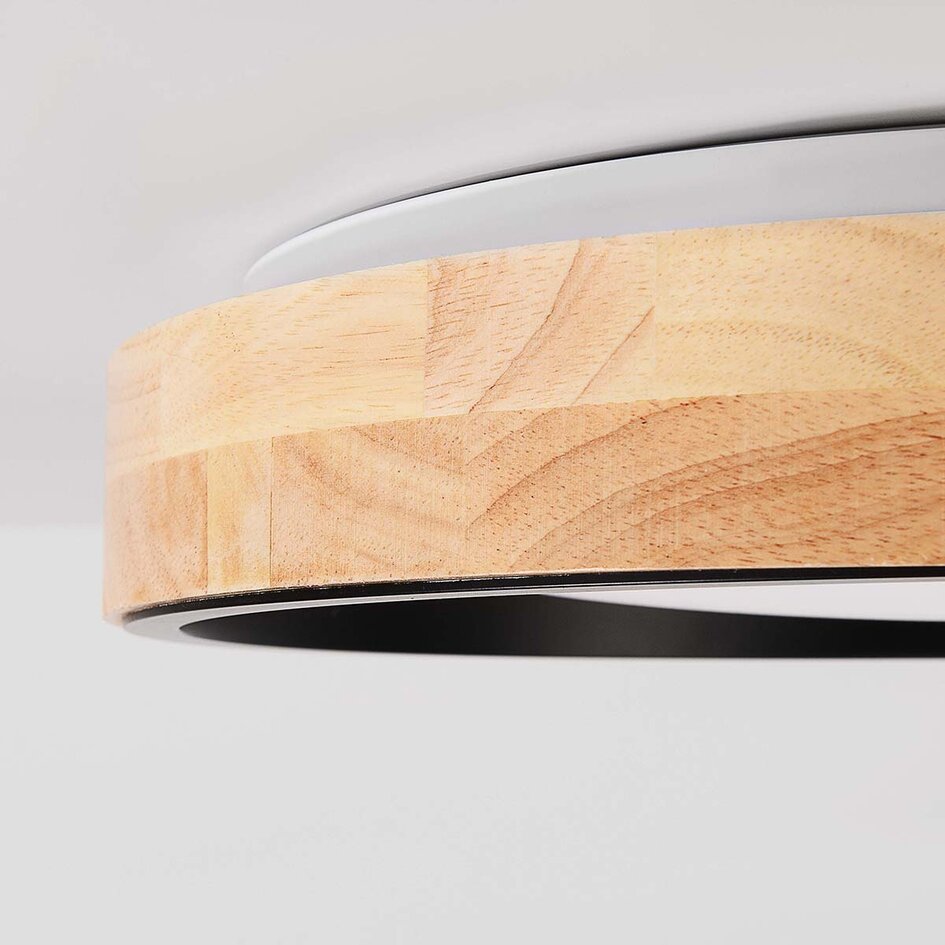 3-staps dimbare plafondlamp Tirano in zwart met eikenhoutlook afwerking – Ø41 cm