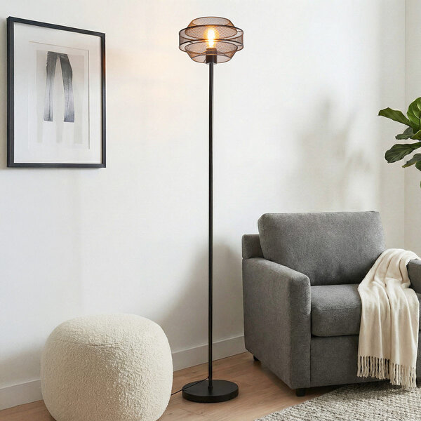 Zwarte staande lamp met opengewerkte kap - Julian