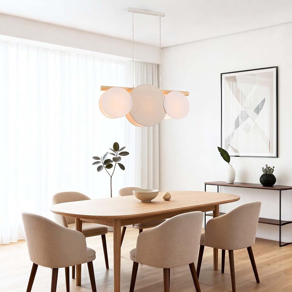 3-lichts moderne hanglamp Zenna – natuurlijk linnen met hout en witte accenten