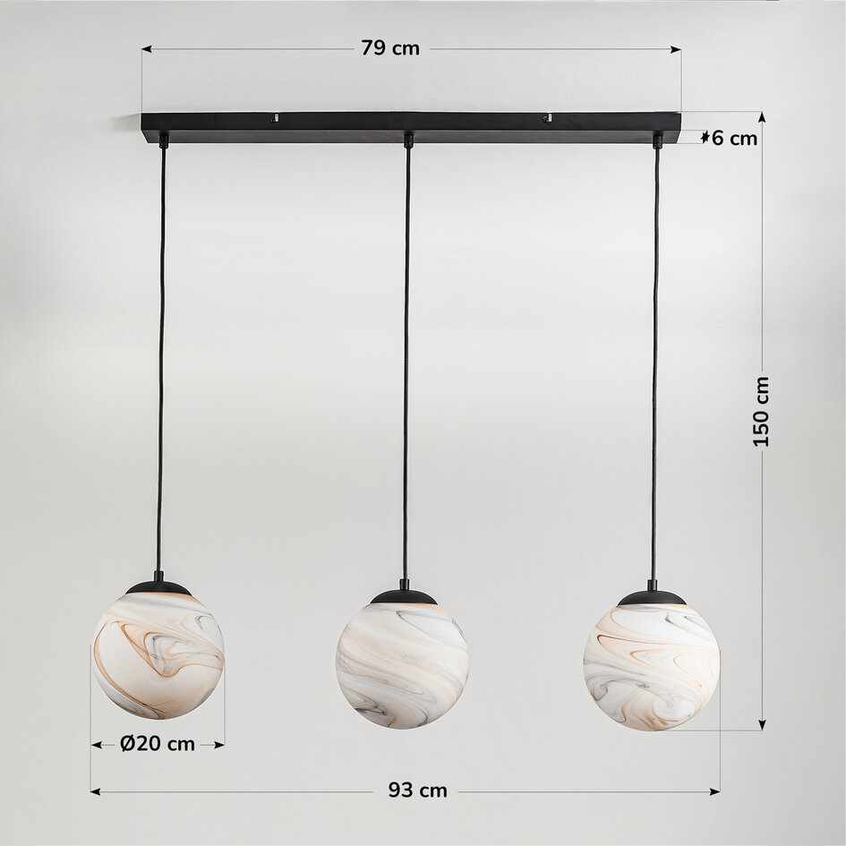 Hanglamp Marbelle 3-lichts met marmerlook glas – zwart