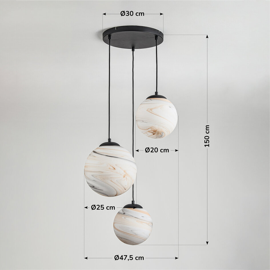 Design hanglamp Marbelle zwart met marmerlook glas 3-lichts