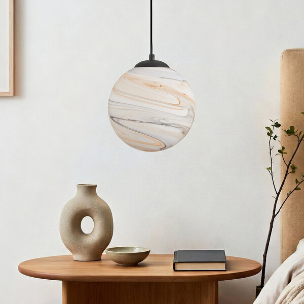 1-lichts hanglamp Marbelle zwart met marmerlook glas