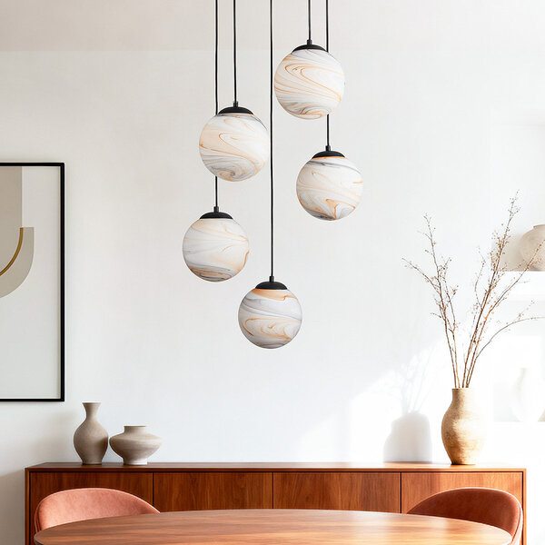 5-lichts moderne hanglamp Marbelle zwart met marmerlook glas