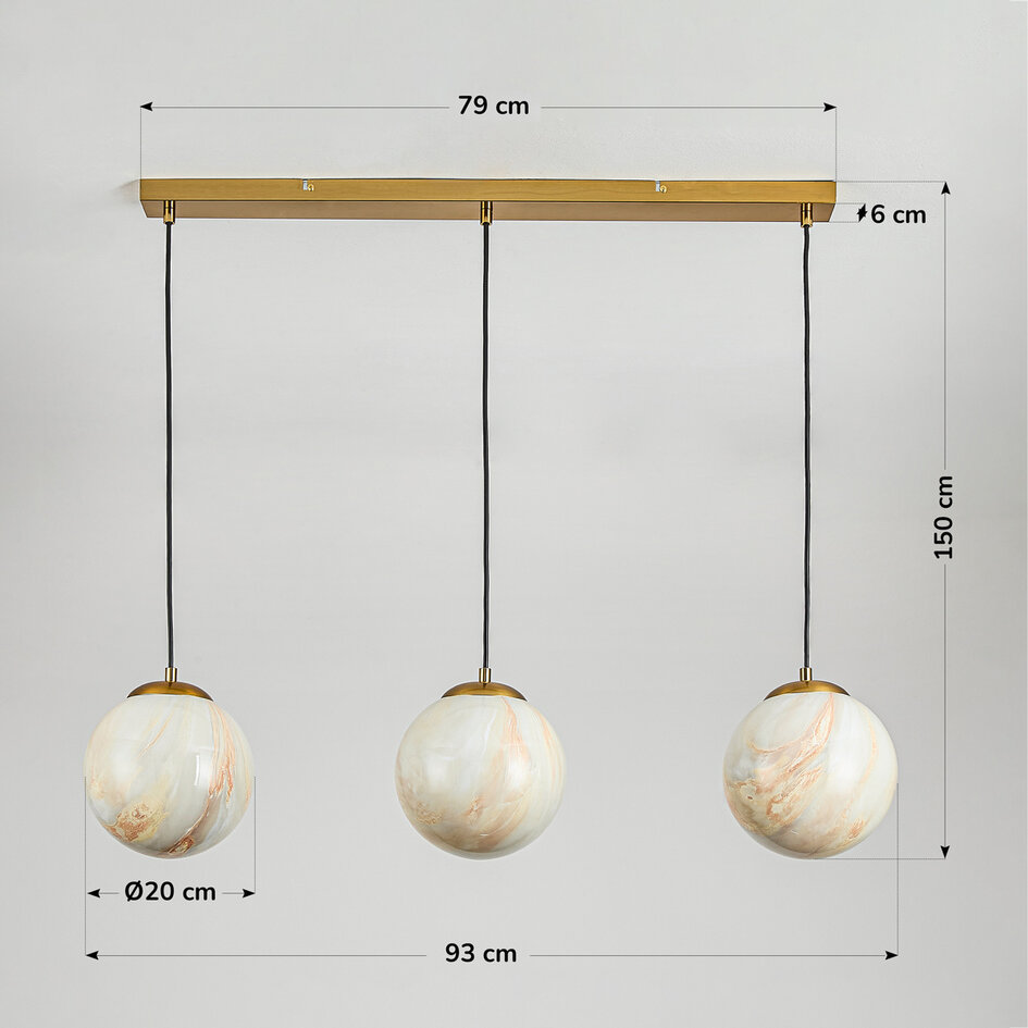 3-lichts hanglamp Tessra - marmerlook glas met messing goud