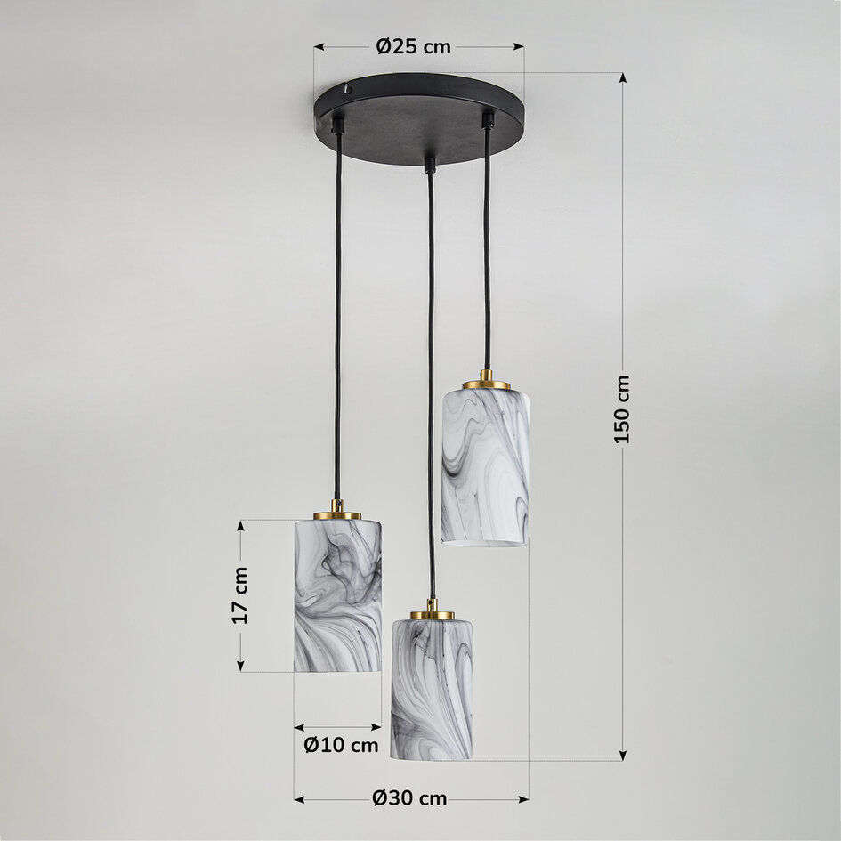 3-lichts hanglamp Vetra met marmerlook glazen kappen – messing goud en zwart