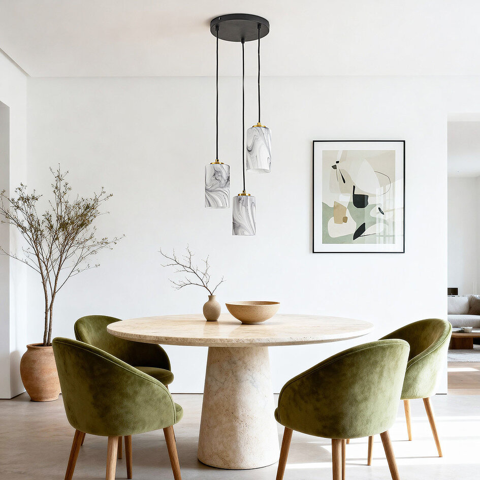 3-lichts hanglamp Vetra met marmerlook glazen kappen – messing goud en zwart