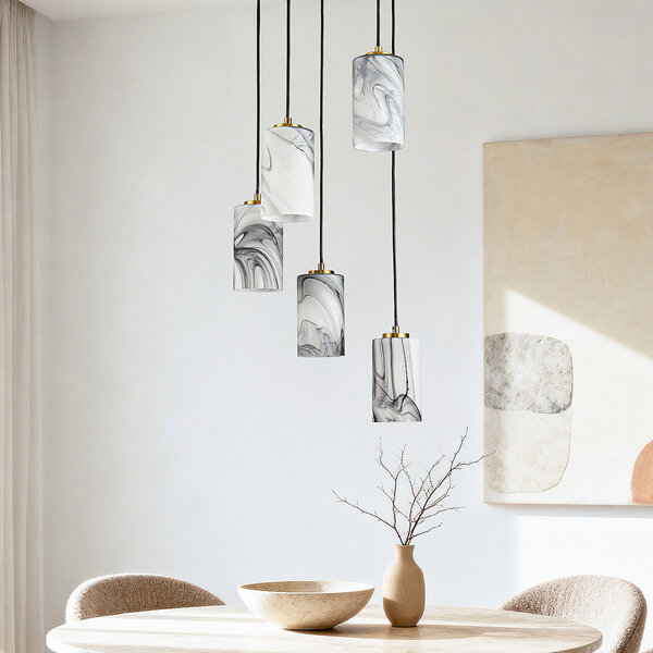 Moderne hanglamp Vetra 5-lichts met marmerlook glazen kappen – messing goud en zwart