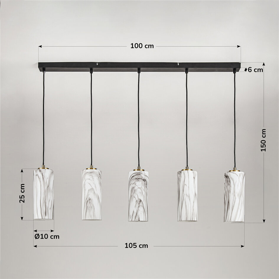 Hanglamp Vetra met marmerlook glazen kappen  5-lichts – messing goud en zwart