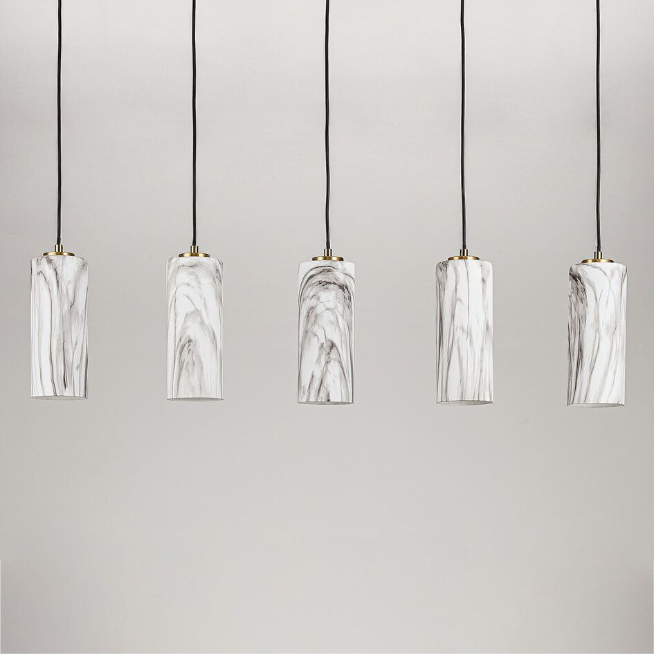 Hanglamp Vetra met marmerlook glazen kappen  5-lichts – messing goud en zwart