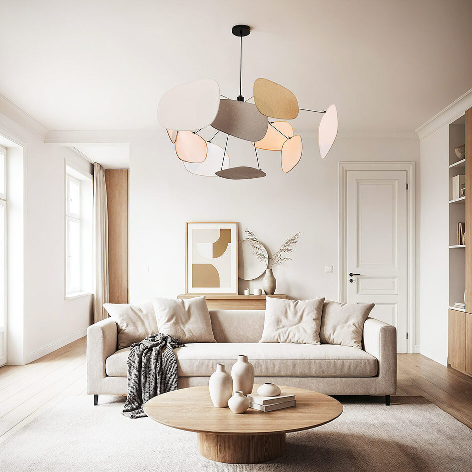 Design hanglamp Zandor met luchtige linnen kappen in zachte tinten