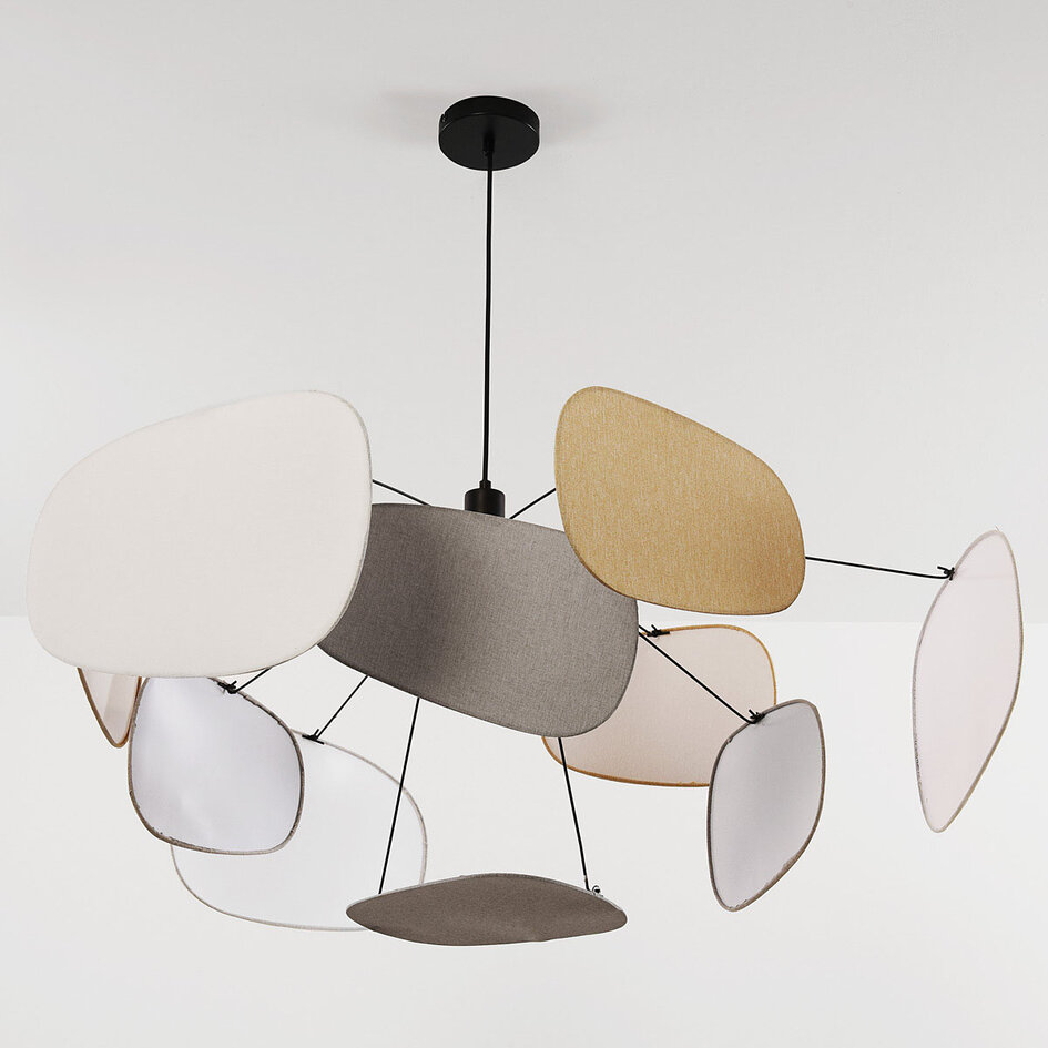 Design hanglamp Zandor met luchtige linnen kappen in zachte tinten