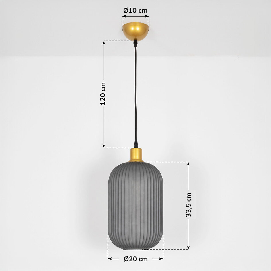 Retro hanglamp Doran van geribbeld glas - grijs en goud