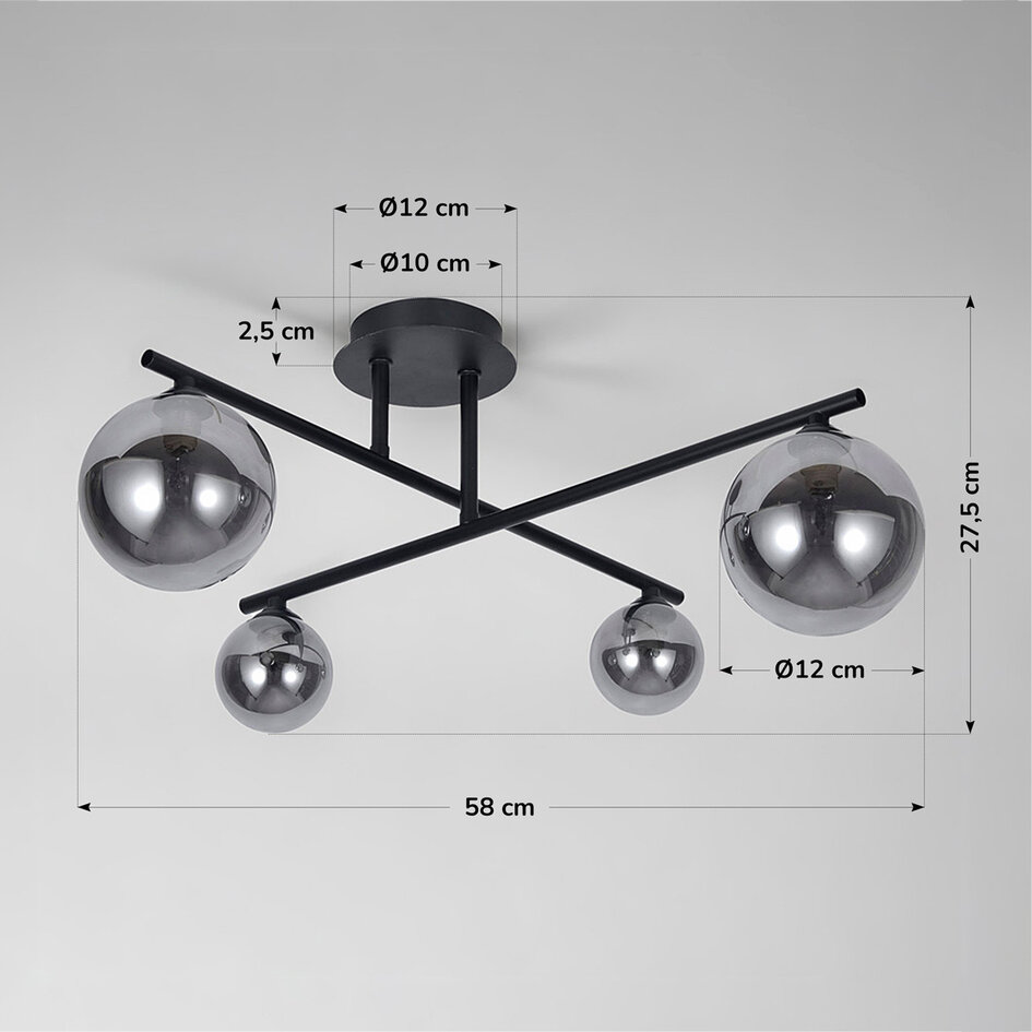 4-lichts plafondlamp Nymo - smoke glas in zwart