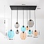 Design hanglamp Zavari met 9 glazen bollen in amber, smoke en blauw