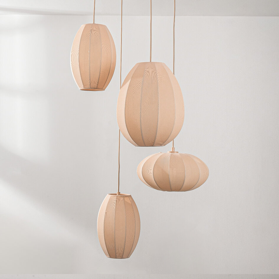 Japandi hanglamp Fero – 4-lichts met beige linnen kappen
