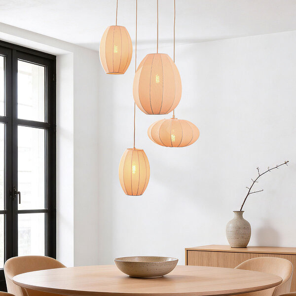 Japandi hanglamp Fero – 4-lichts met beige linnen kappen