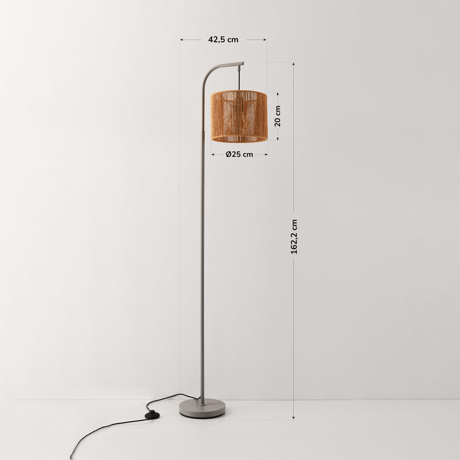 Staande booglamp Reed grijs met natuurlijke papieren kap – 160 cm