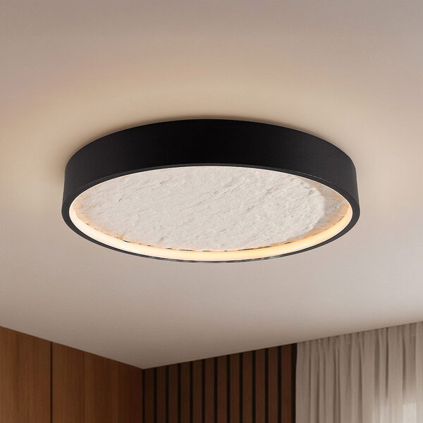 Plafondlamp Cercul Ø40 cm zwart met gebroken wit steeneffect en 3-staps dimbaar