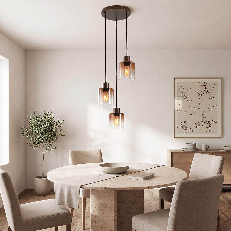 Design hanglamp Pella met drie glazen kappen in bruin ombre-effect