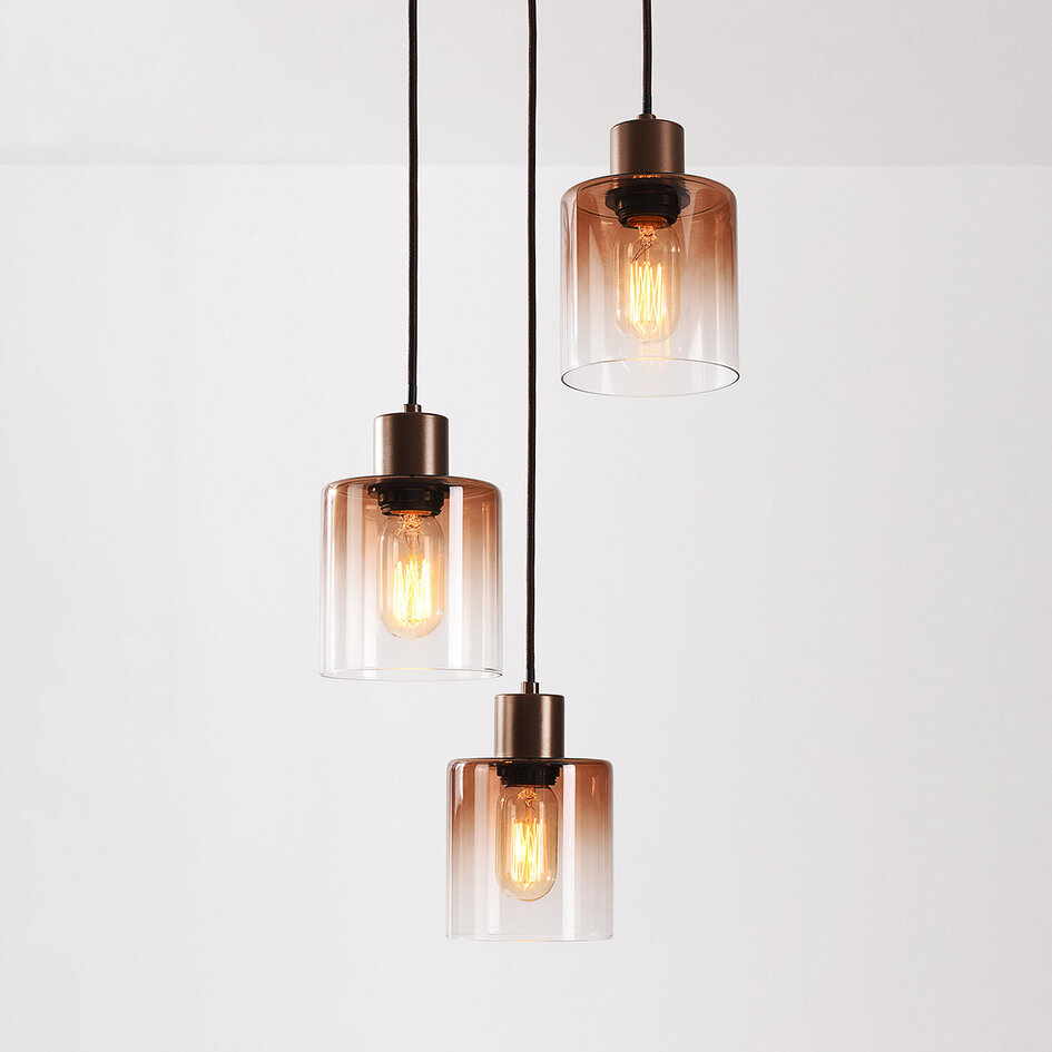 Design hanglamp Pella met drie glazen kappen in bruin ombre-effect
