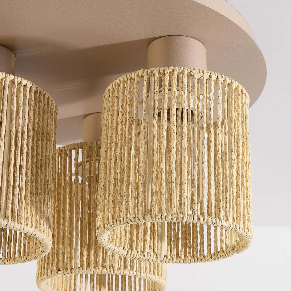 3-lichts plafondlamp Canna - beige met geweven touw