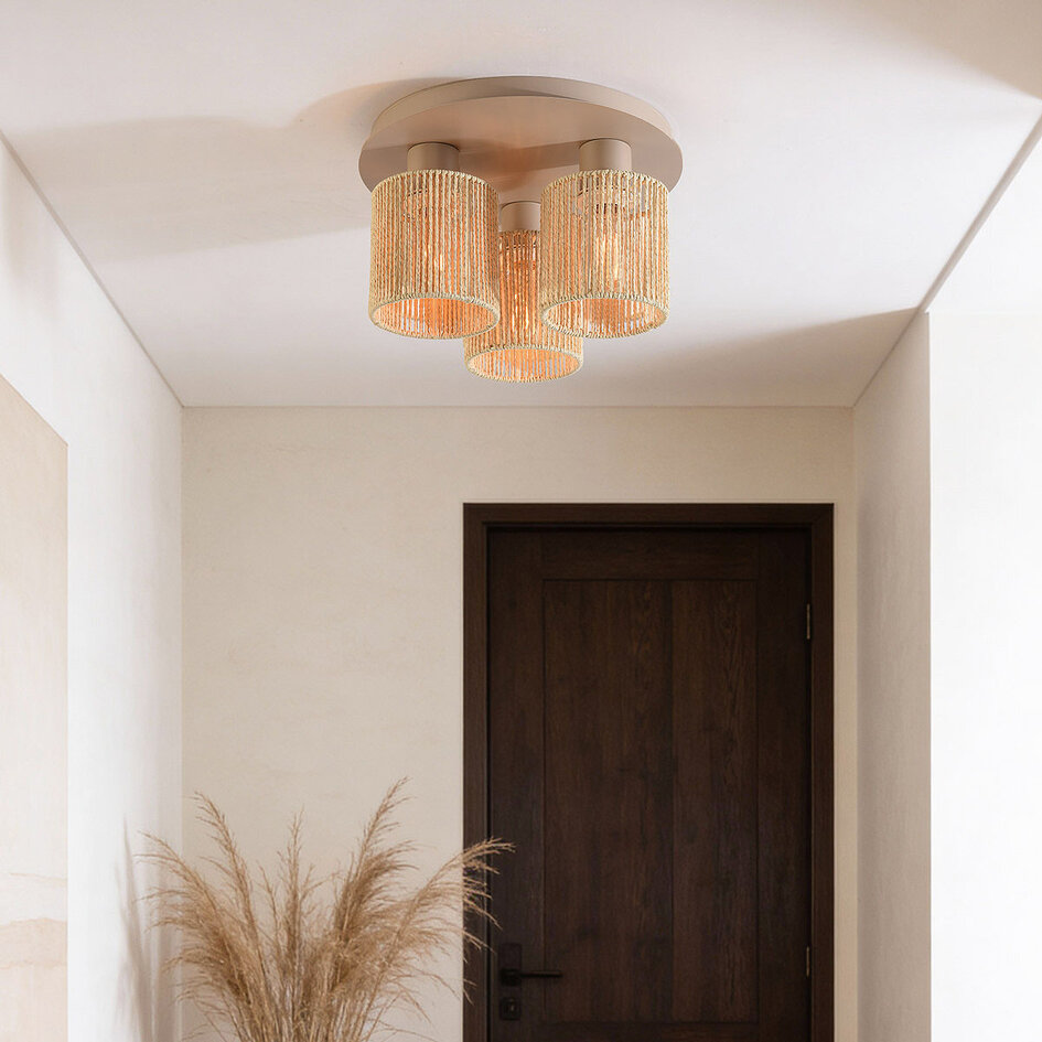 Moderne plafondlamp Canna in beige met geweven touw – 3-lichts