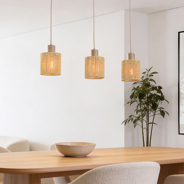 3-lichts hanglamp Carrizo in beige met geweven papiertouw