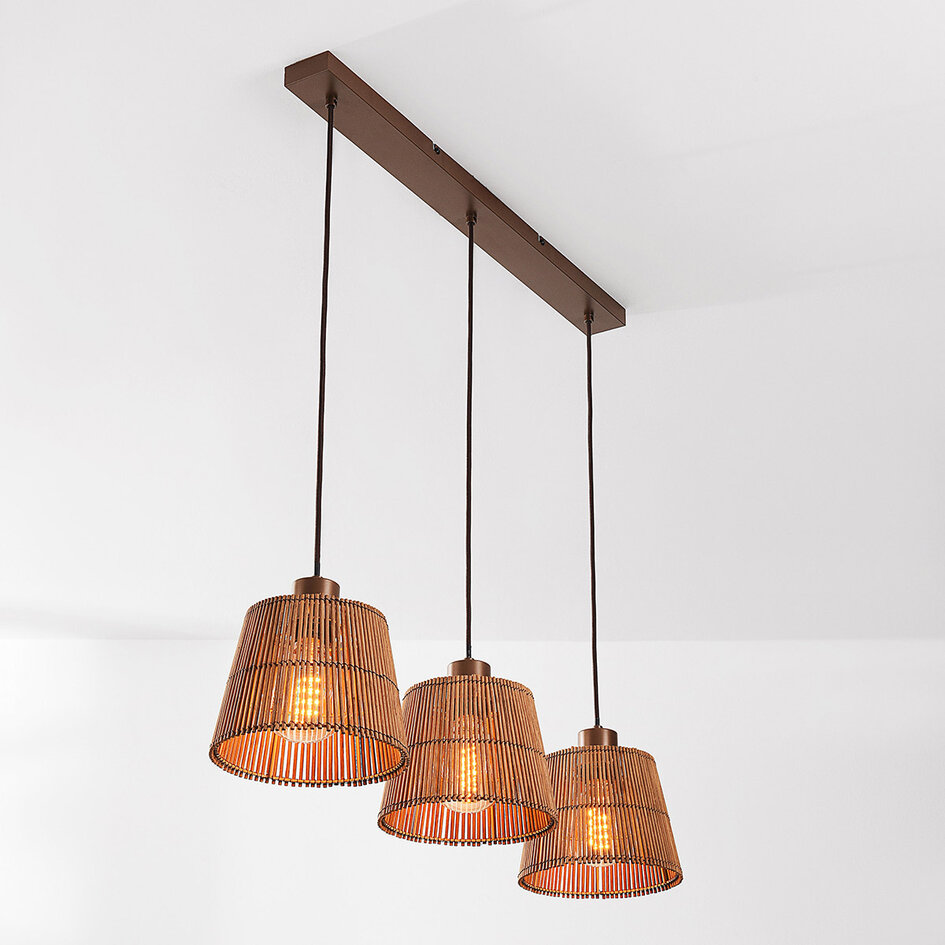 3-lichts hanglamp Veya met met naturel bamboe kappen en warm brons