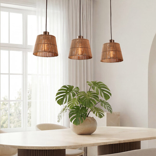 3-lichts hanglamp Veya met met naturel bamboe kappen en warm brons