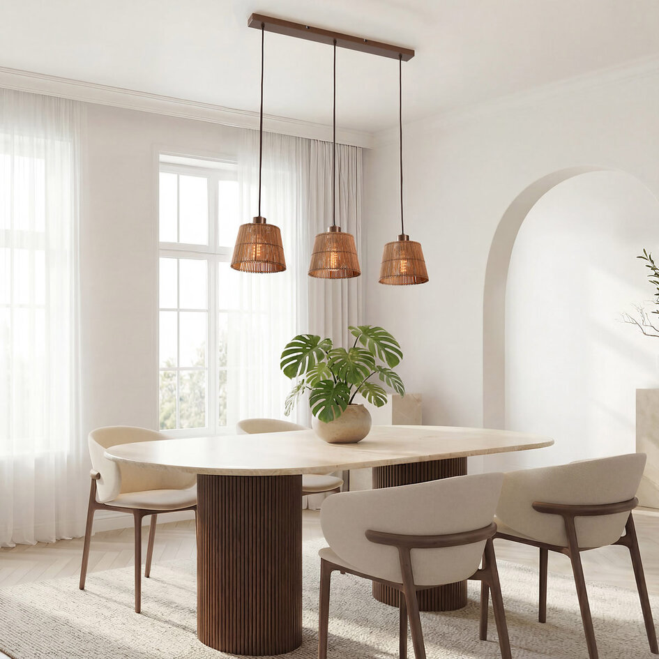 3-lichts hanglamp Veya met naturel bamboe kappen en warm brons