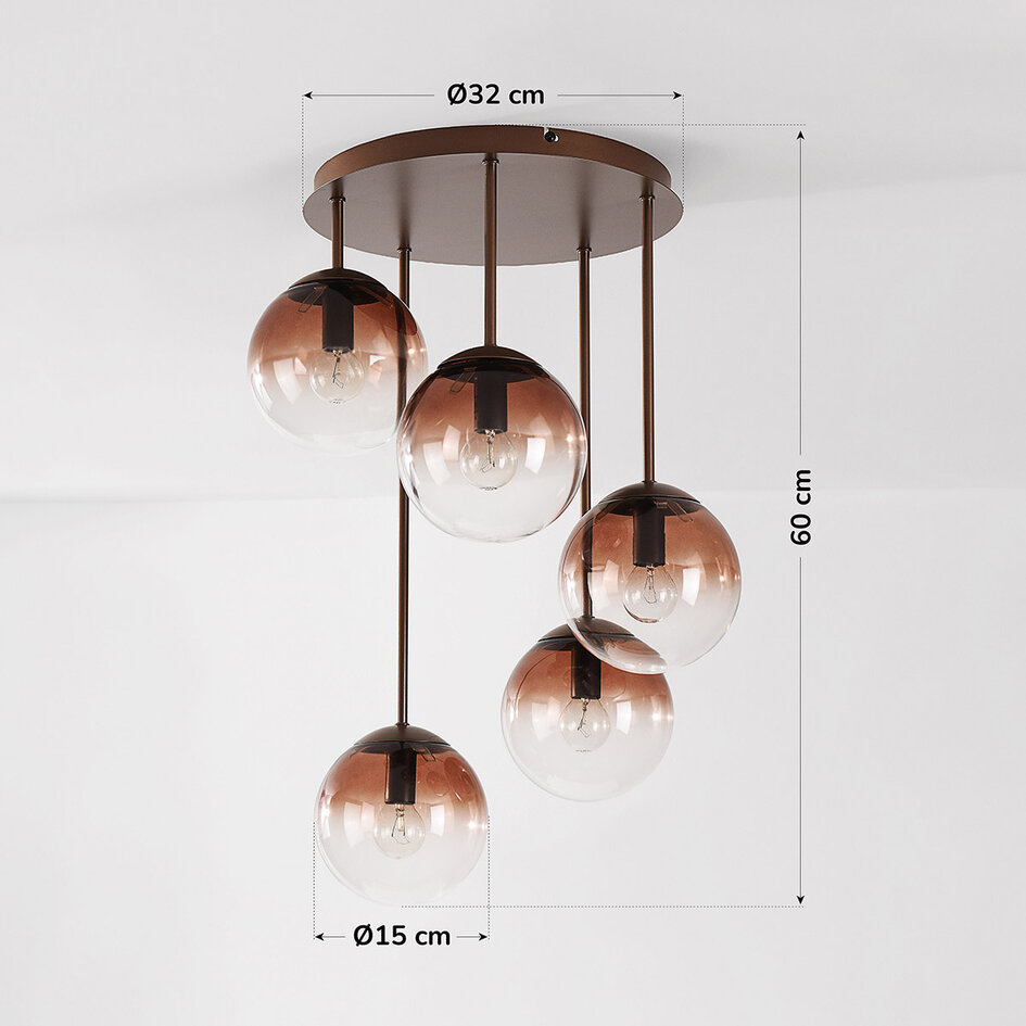 Plafondlamp Ronde - vijf glazen bollen in bruin ombre