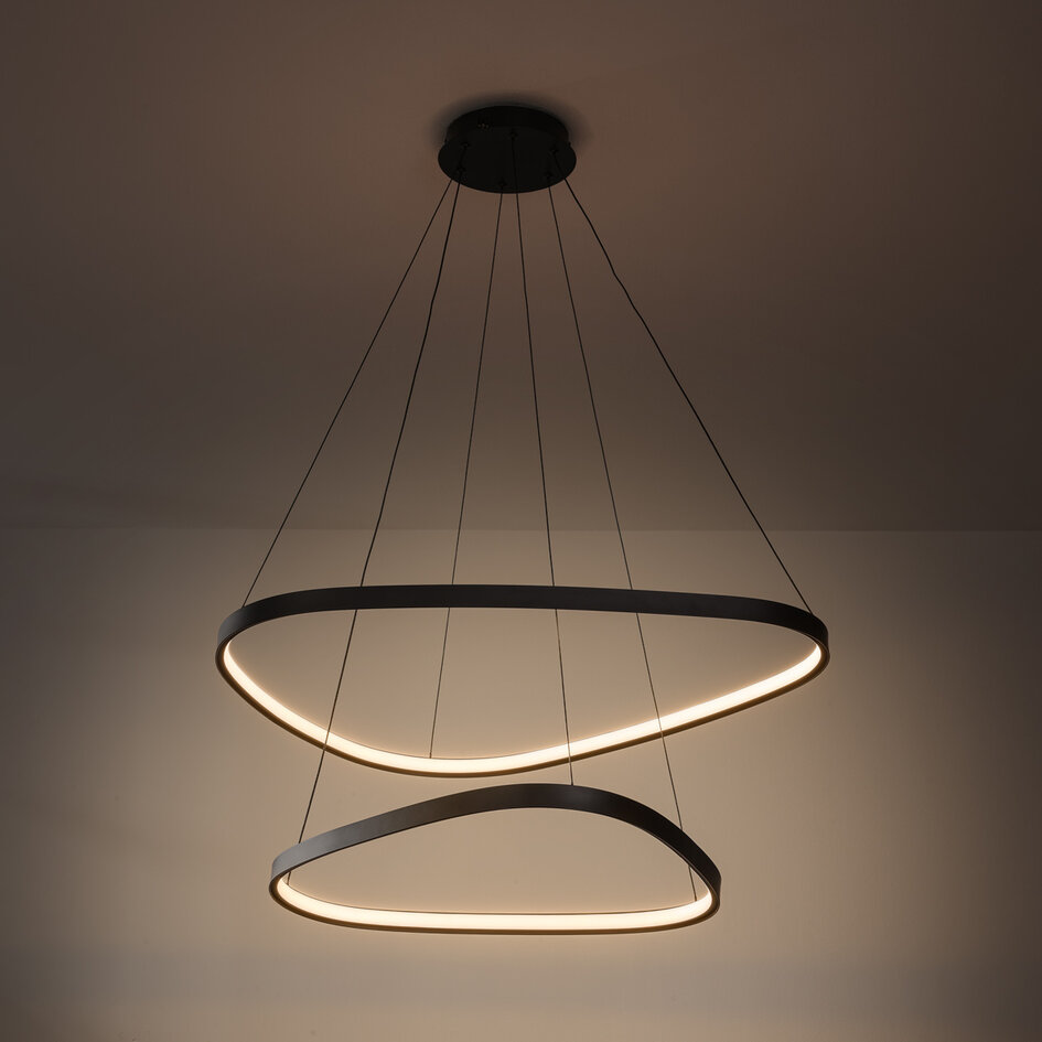 3-staps dimbare design hanglamp Nivara met dubbele LED-ringen in zwart