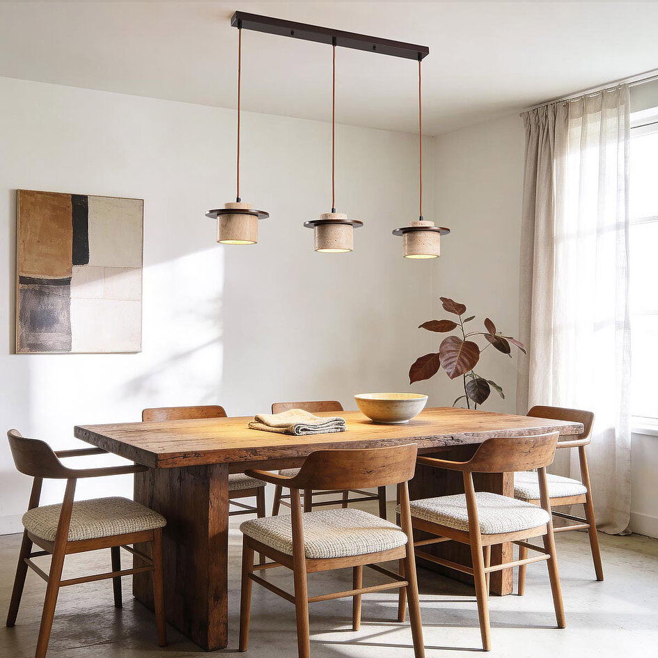 3-lichts japandi hanglamp Travano van travertin (natuursteen) en hout