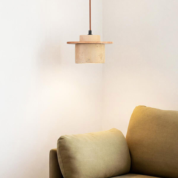 Japandi hanglamp Travia van travertin (natuursteen) en licht hout