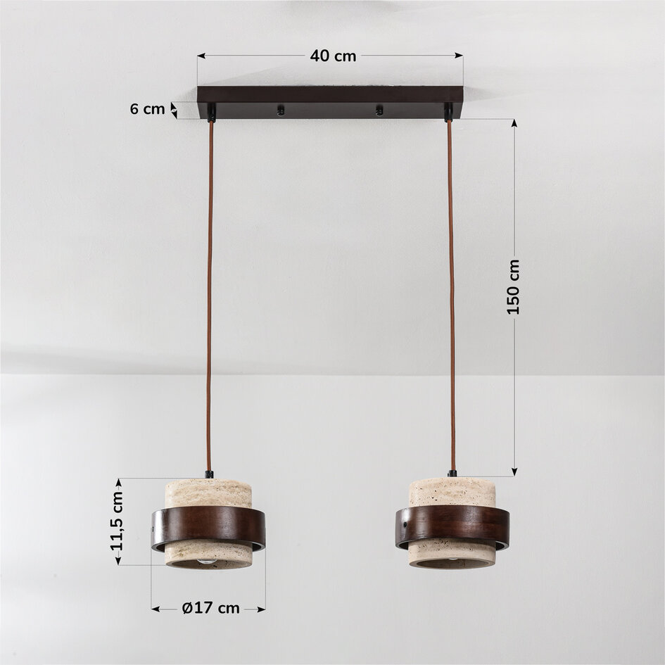 2-lichts hanglamp Travé - travertin (natuursteen) en hout
