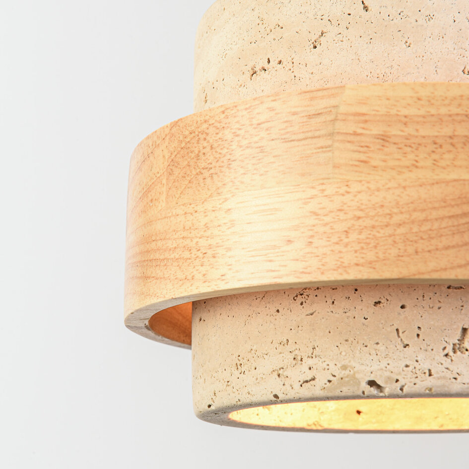 Japandi hanglamp Travo - travertin (natuursteen) en licht hout