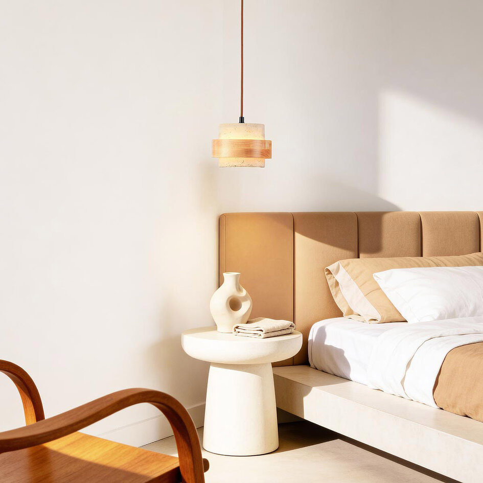 Japandi hanglamp Travo van travertin (natuursteen) en licht hout