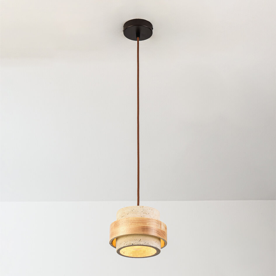 Japandi hanglamp Travo van travertin (natuursteen) en licht hout