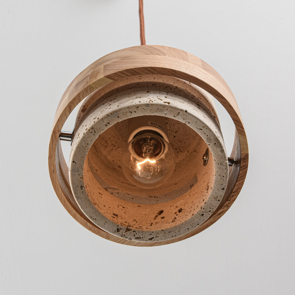 3-lichts hanglamp Travo van travertin (natuursteen) en licht hout